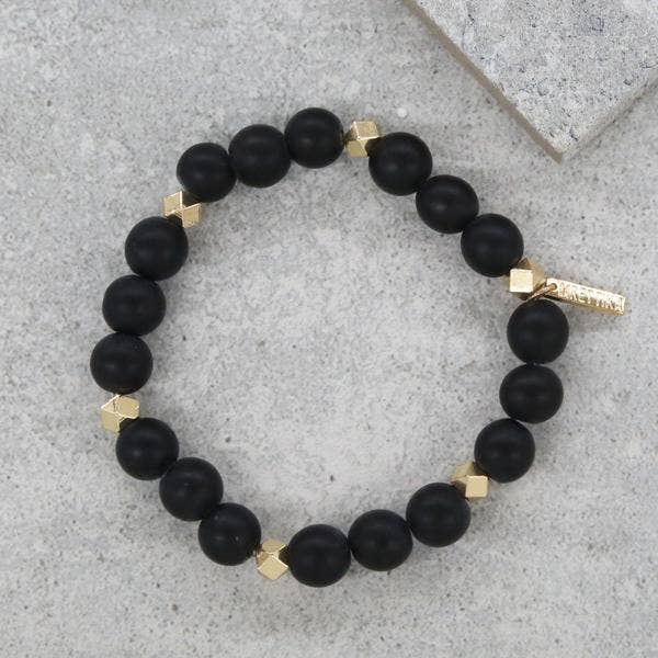 Mens Black Agate Bead Bracelet with Brass Faceted Beads